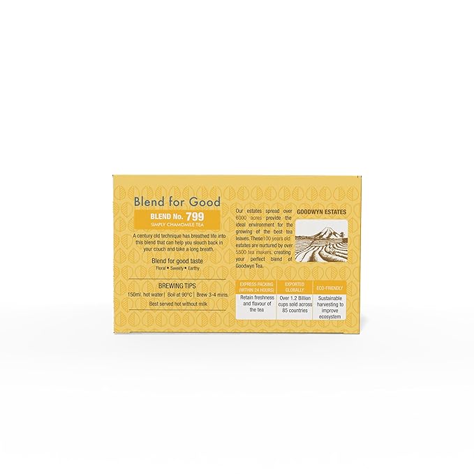 Goodwyn Chamomile Herbal Tea – 100 Count Tea Bags | Herbal Tea with Caffeine-Free Dried Chamomile Flowers & Real Petals | Plastic-Free Individually Wrapped Bags | Travel-Friendly | Aromatic, Soothing | Natural Indian Origin Tea