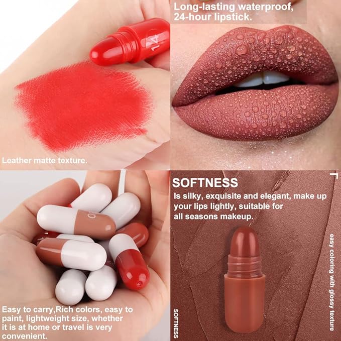 evpct 18Pcs Capsule Pills Lipstick Mini Matte Lipstick Set for Women Long Lasting labiales mate 24 horas originales Deep Red 24 Hour Waterproof Stay on Lip liner Set Sampler