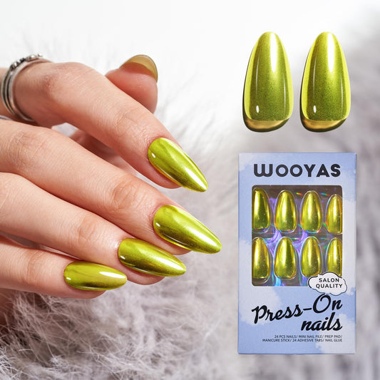 Press On Nails Medium Almond, Metal Mirror Green Handmade Jelly Gel False Nails Kit, Glossy Stick On Nails Tips, Glitter Glue On Nails, Reusable Artificial Nails with Design Manicure for Women Girls