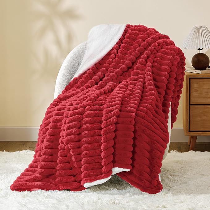 INFIIXSO Sherpa Throw Blanket for Couch - Super Soft & Warm Striped Fleece Blanket, Cozy Plush Fluffy Blanket All Season Use (Red, 50x60 Inches)