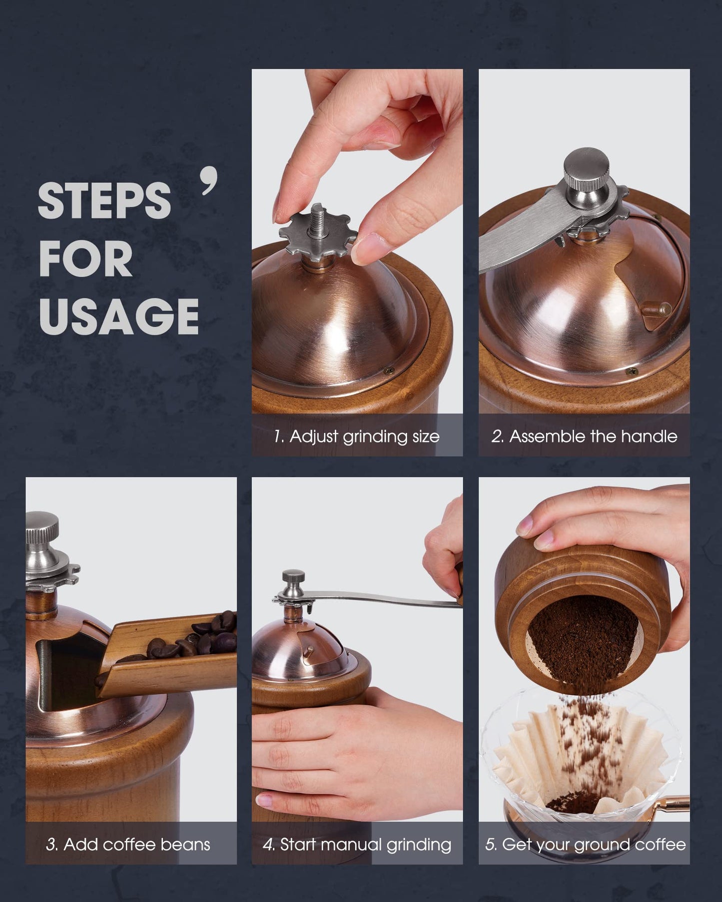 POLIVIAR Manual Coffee Grinder, Coffee Bean Grinder with Adjustable Ceramic Burr, Vintage Style Wooden Hand Coffee Grinder, Large Capacity Burr Coffee Grinder with Brush and Spoon (JX2022-CG20)