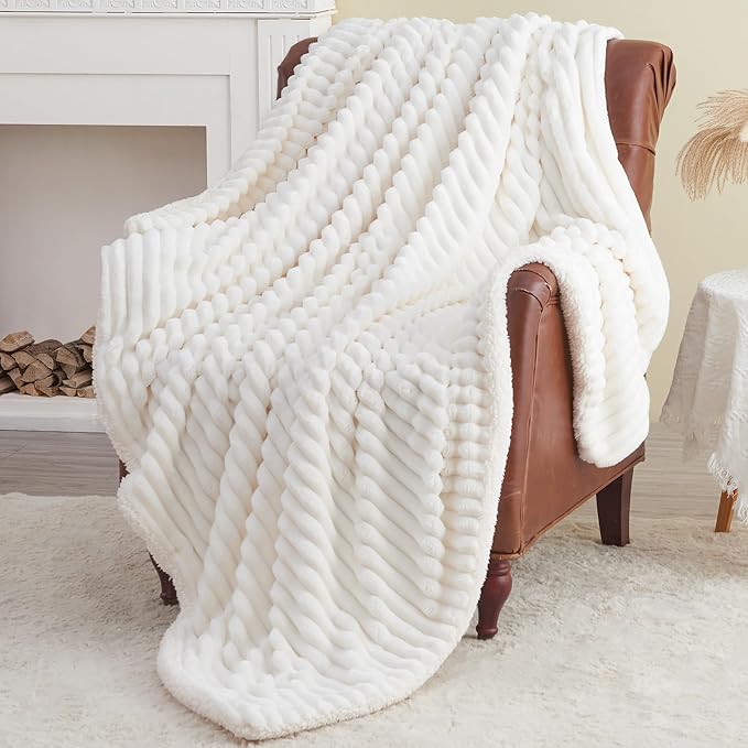 INFIIXSO Sherpa Throw Blanket for Couch - Super Soft & Warm Striped Fleece Blanket, Cozy Plush Fluffy Blanket All Season Use (Off White, 60x80 Inches)
