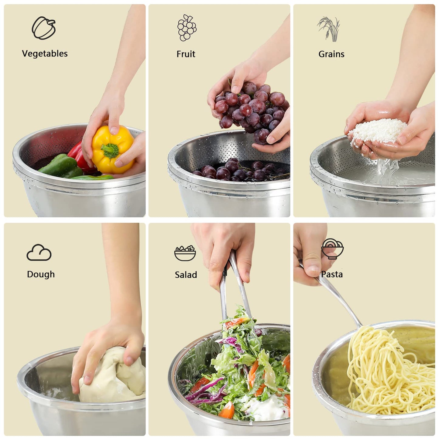 304 Stainless Steel Microporous Colander, 3.5QT Large Capacity with Mixing Bowl For washing vegetables fruit and rice and for draining cooked pasta(2PC)