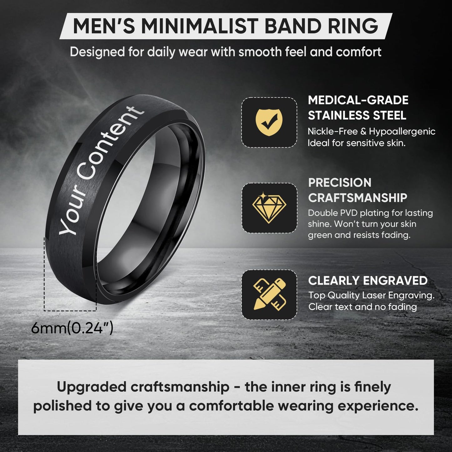 VNOX Customize Jewelry-6MM Black Stainless Steel Beveled Edge Matte Brushed Finish Rings for Men Women,Size 7