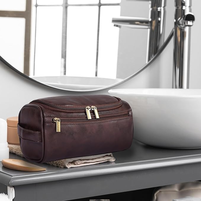 Toiletry Bag for Men, Hanging Travel Shaving Dopp Kit for Men and Women, Water-resistant Toiletries Organizer Bags, PU Leather Cosmetic Bags for Makeup Accessories (Dark Coffee)