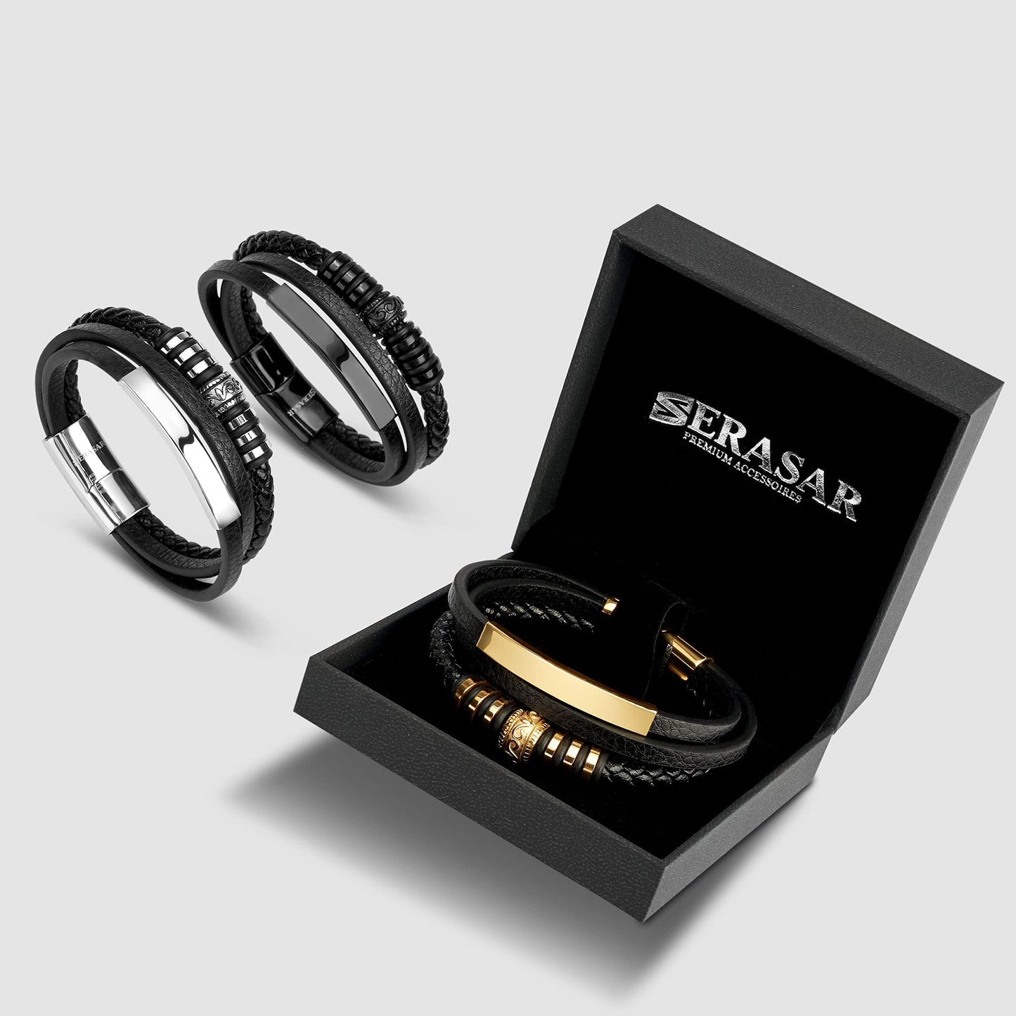 SERASAR 8″ Black Leather Bracelets for Men Mens Cowhide Gift Box Braided Bracelet Stainless Steel Jewelry Wrist Band Cuff Wrap Rope Bangle Dad Man Pulseras para Hombres Cuero Regalo