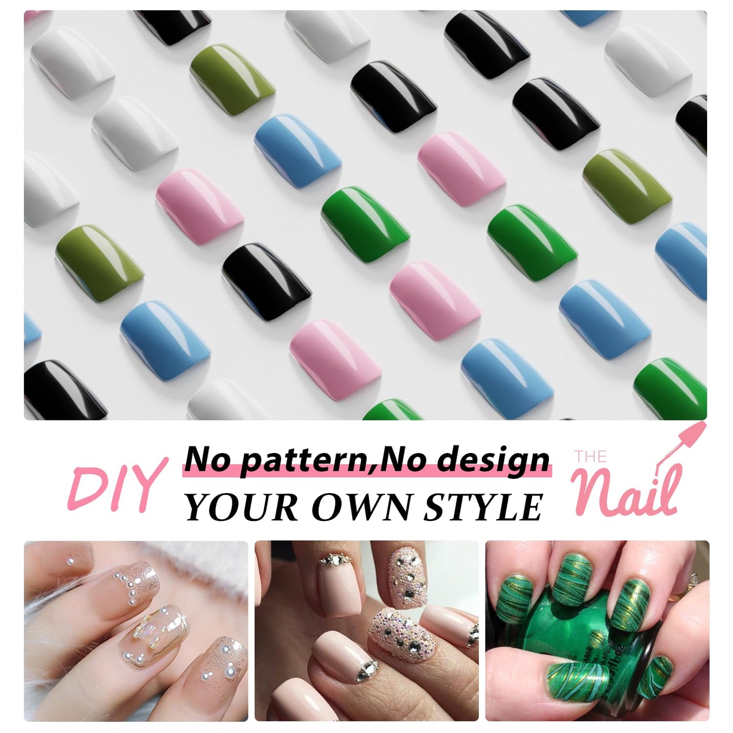 Black Press on Nails Short Square, Fake Glue on Soft Gel Stick on Nails for Women, Thick Reusable Solid Color Acrylic 24pcs