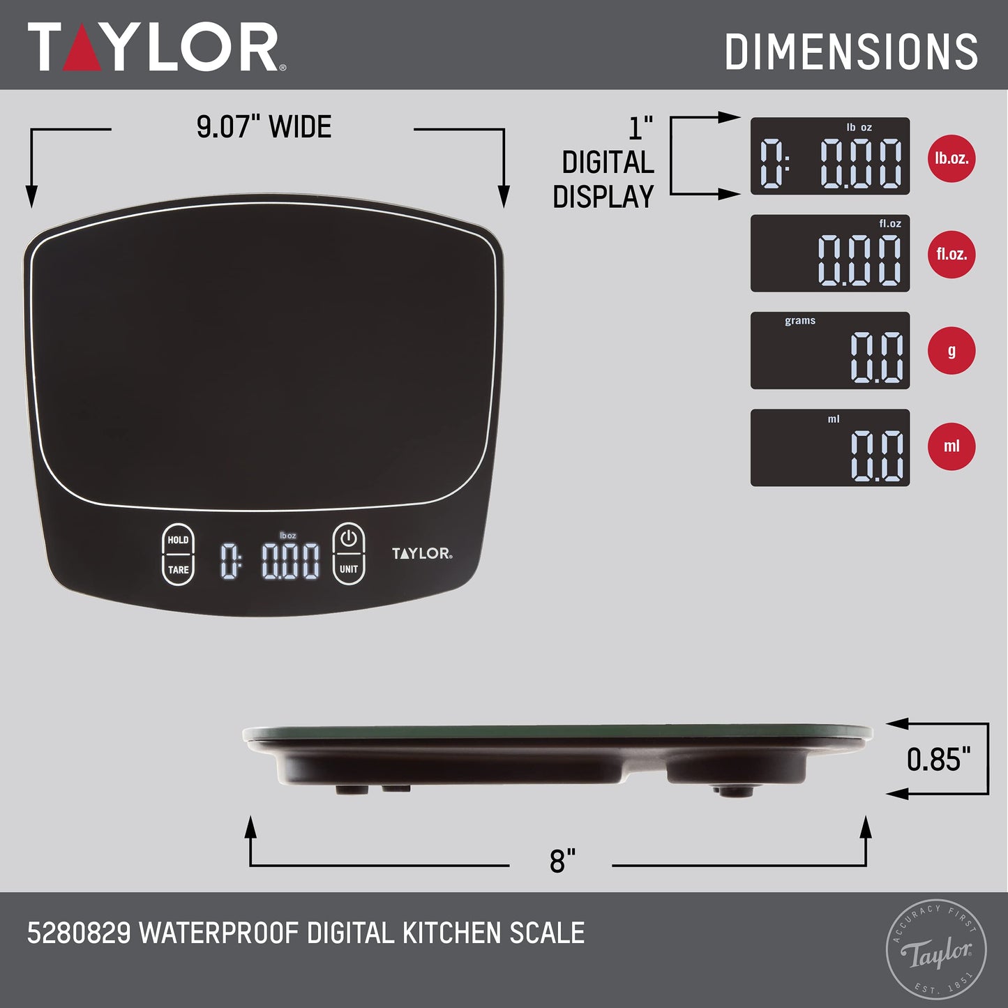 Taylor Waterproof Digital Kitchen Scale, 11 pounds, Black