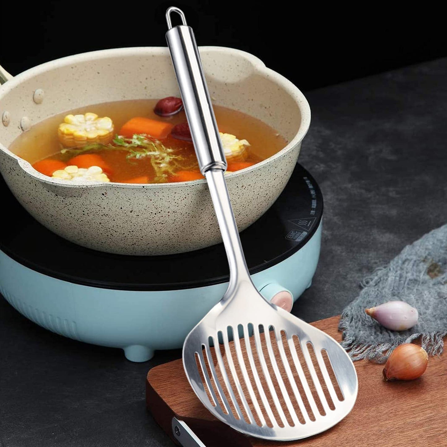 Multi Kitchen Utensil Stainless Steel Cooking Skimmer Slotted Fish Turner Spatula Spoon Colander Drain Water Filter Spoon Ladle Spider Strainer Skimmer Ladle for Cooking &Frying (2pcs)