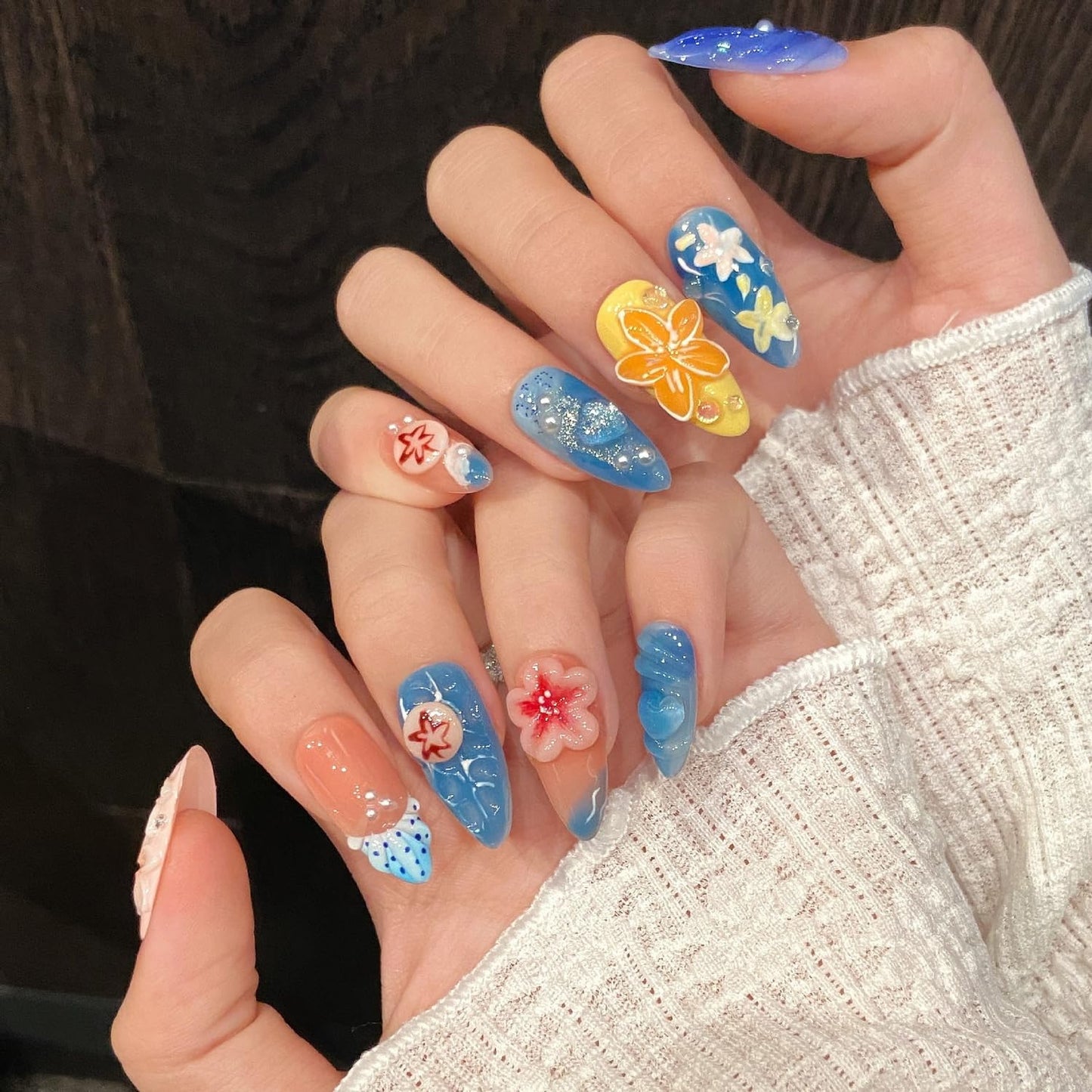 Summer Press on Nails Medium Almond Flower Fake Nails Muti-Layer Gel False Nail with 3D Jellyfish Starfish Design Glitter Handmade Press on Nails Stars Pearl Embossed Acrylic Nail for Women (Size M)