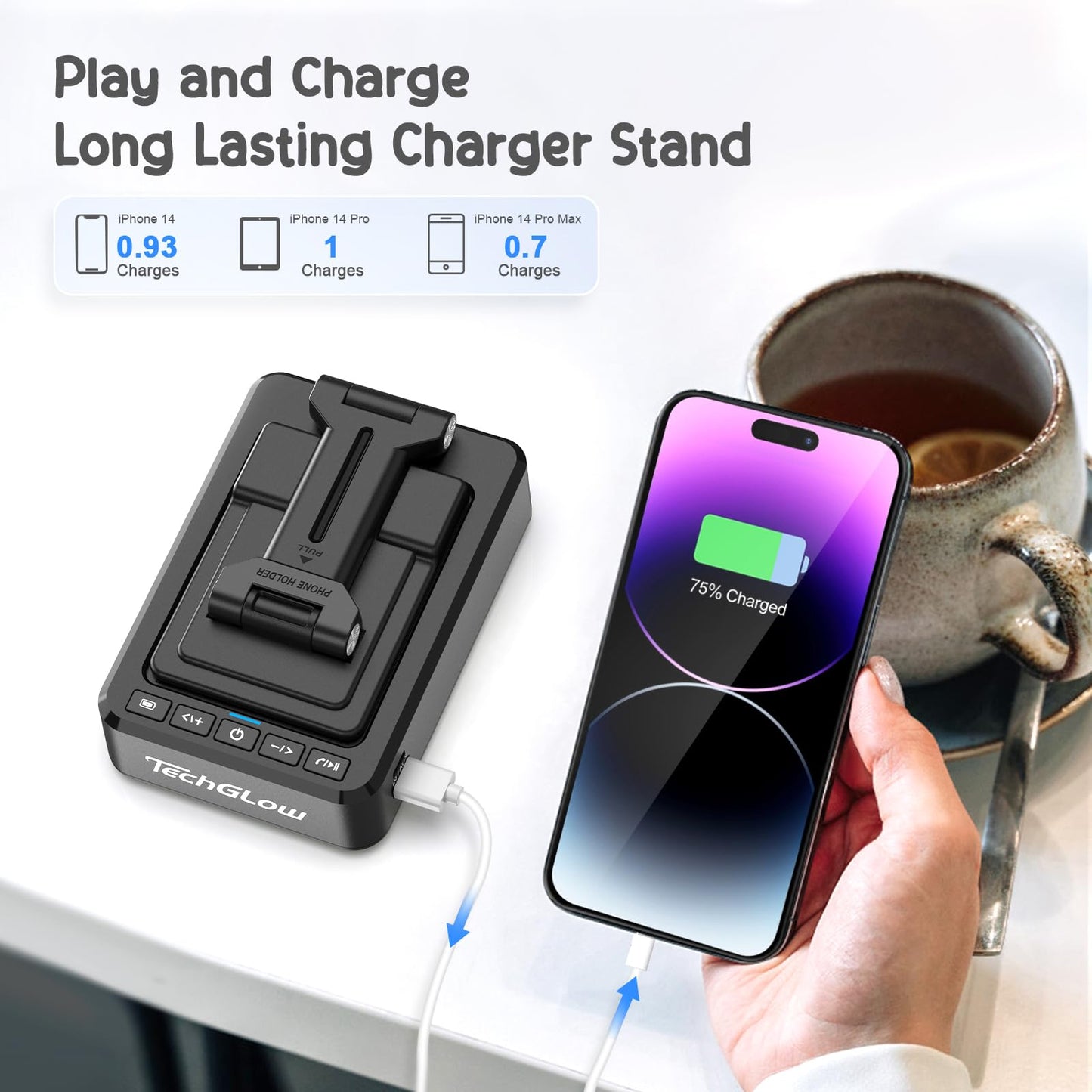 TechGlow Foldable Cellphone Stand with Bluetooth Speaker and Charging Function Birthday Gifts for Men Women Mother Father Boy Girl Teens Cool Tech Gadgets