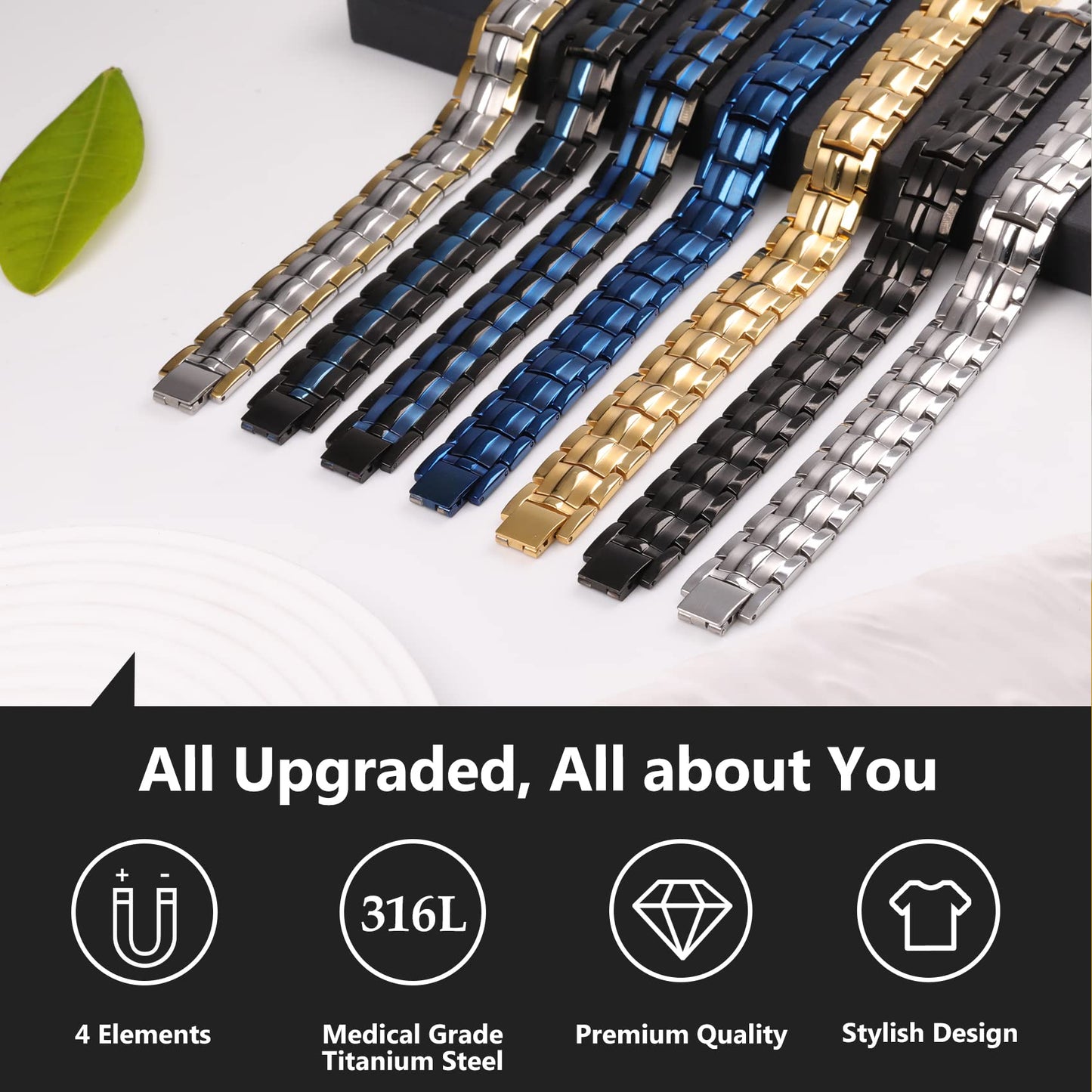Feraco Mens Magnetic Therapy Bracelets Titanium Steel Bracelet with Double Row 4 Elements Magnets