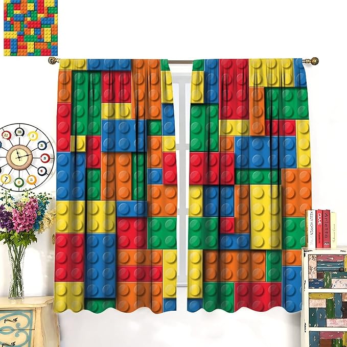 Building Block Toy Curtain Rod Pocket Children's Nursery Abstract Outline Colorful Toy Cartoon Theme Brick Geometric Print Curtain, Blackout Curtain for Boys and Girls Room 84x84in