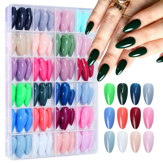 576Pcs Almond Press on Nails Medium Fake Nails 24 Colors False Nails with 12 Sizes Design Nails Press Ons Glossy Full Cover Artificial Acrylic Glue on Nail for Women Nail Art Decoration