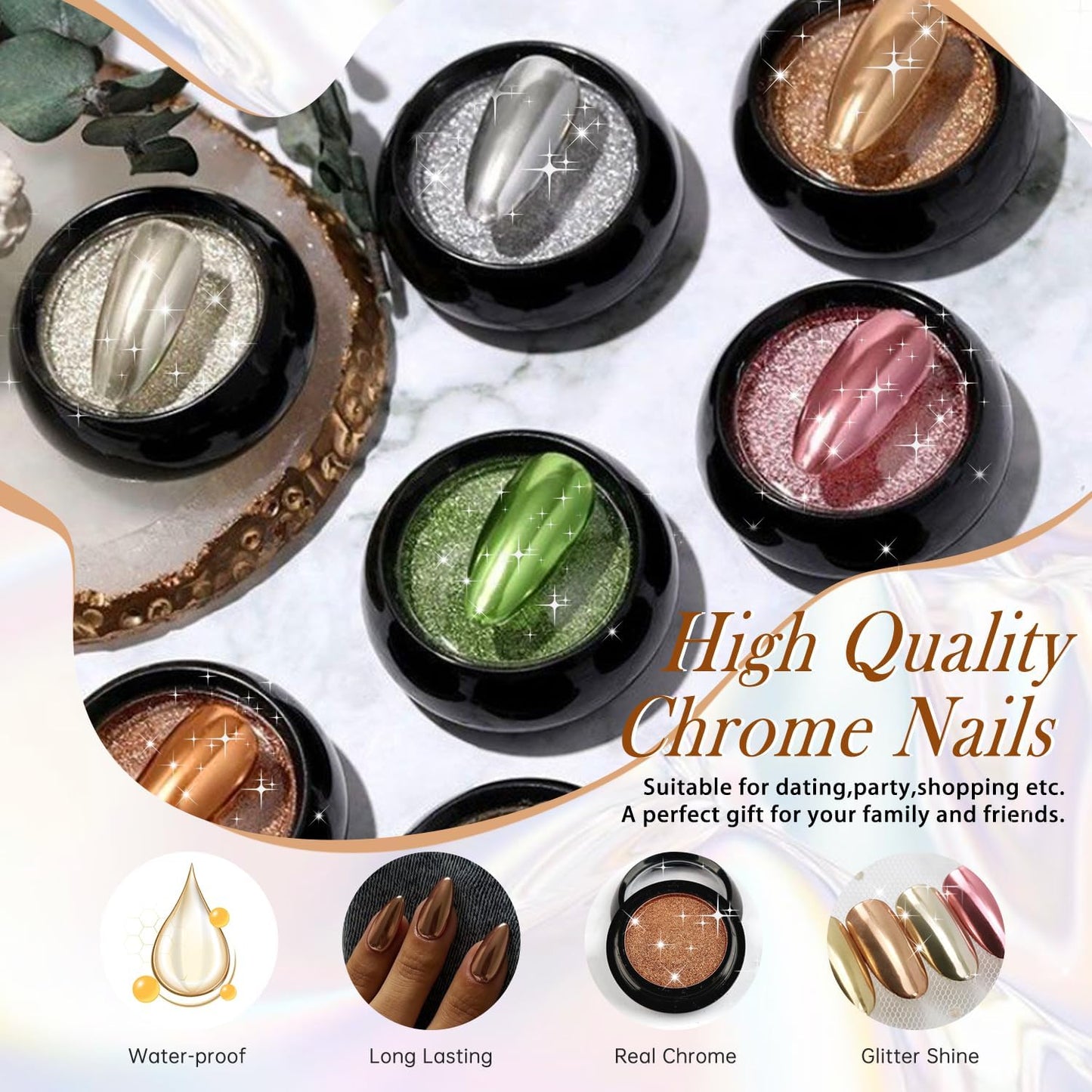 Chrome Brown Press on Nails Almond Medium, KQueenest Glazed Stiletto Fake Nails Press ons With Mirror Effect, Glitter Glue on Nails Medium Bling Acrylic Nails False Nails for Women Decoration