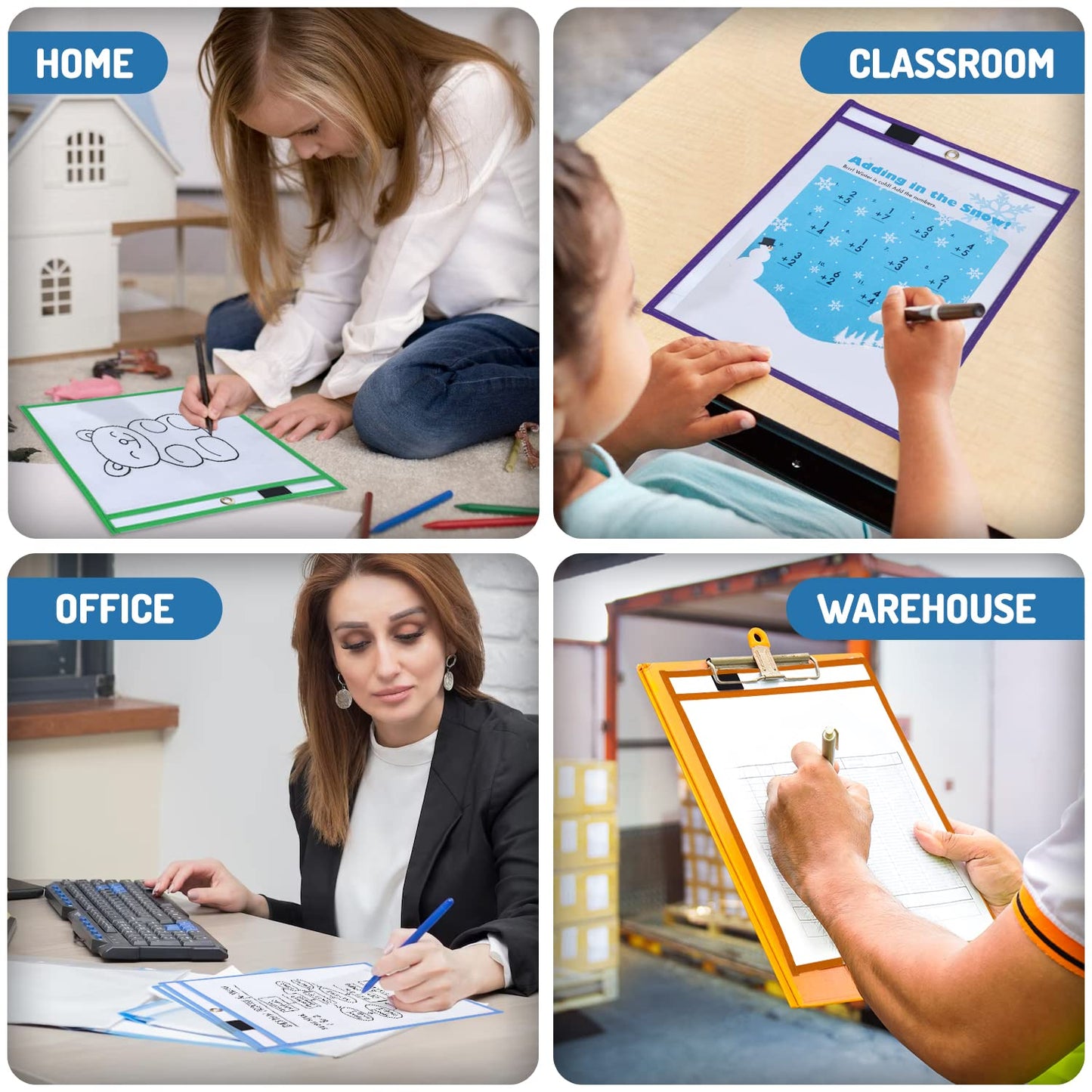 BONBELA Dry Erase Pockets 30 Pack - 10 x 13 Reusable Dry Erase Pocket Sleeves for Work & School Worksheets - Heavy Duty Clear Pocket Sleeves - Quickly Wipe to a Flawless Clean (Multicolor)