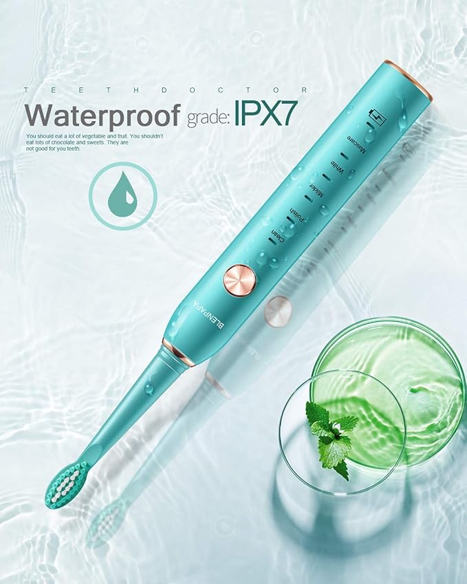 USB Rechargeable Sonic Electric Toothbrush for Adults Powered Motor Soft Dupont Brush Heads 2 Minutes Timer 5 Modes Teeth Whitening, Green