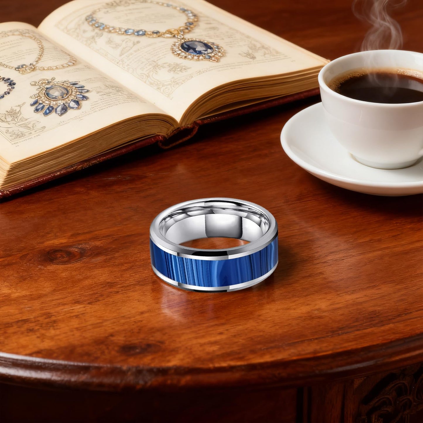 HJIMMNHONG New Carbon Fiber Fashion Rings Double Beveled Edge Delicate Polished Simple Stainless Steel Mens and Women Rings,8mm,Size Available (Peacock Blue, 7)