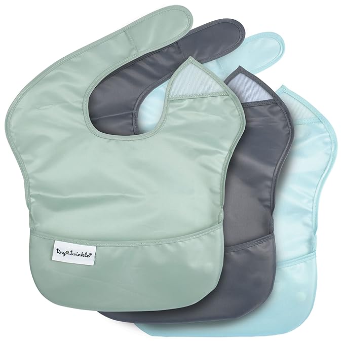 Tiny Twinkle Mess-Proof Baby Bibs for Eating | Waterproof, Wipeable Toddler Bibs with Catch-All Pocket | Feeding Bibs for Girls & Boys(3 Pack,Sage, Charcoal)