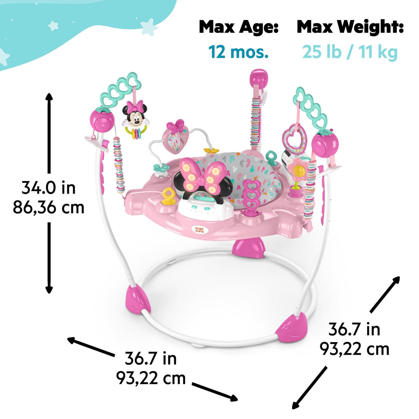 Bright Starts Disney Baby Minnie Mouse Forever Besties Baby Activity Center Jumper with 10 Toys, Lights & Sounds, 360-Degree Seat, 6-12 Months (Pink)