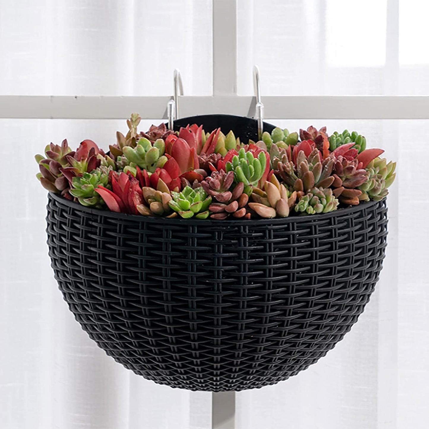 Hanging Planter Pot, Wall and Railing Hanging Planters with S Hooks, Half Round Imitation Rattan European Style Wall Flowerpot Rustic Decorative Flower Basket for Home Balcony(#2pcs 26 * 20cm Khaki)
