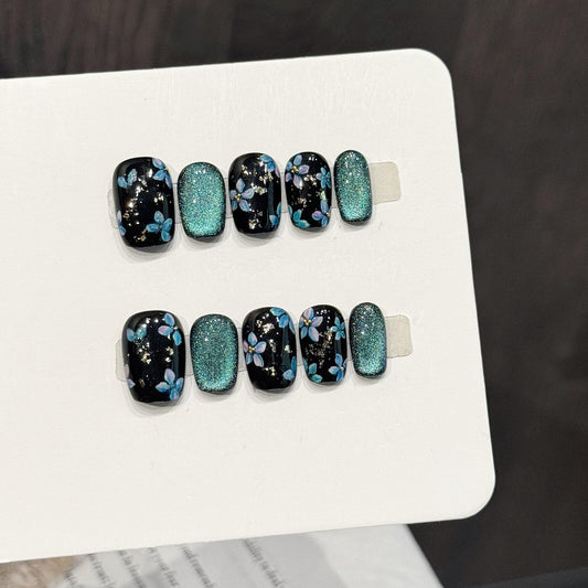 BTBT ARTCharms Handmade Nails Square Shape Cool Chic Style Black Base Blue Floral Patterns Glitter Embellishments Smooth Glossy Surface Fashion Manicure Easy Wear Press on Nails 10 pcs (M)
