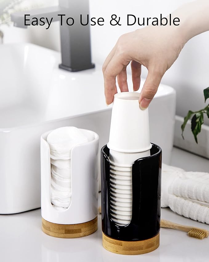 Ceramic Bathroom Cups Dispenser - 3-5 oz Disposable Paper & Plastic Bathroom Cups Holder - Mouthwash Cups Dispenser for Bathroom, Guest Toiletries, Countertop, Coffee - BPA Free (Black)