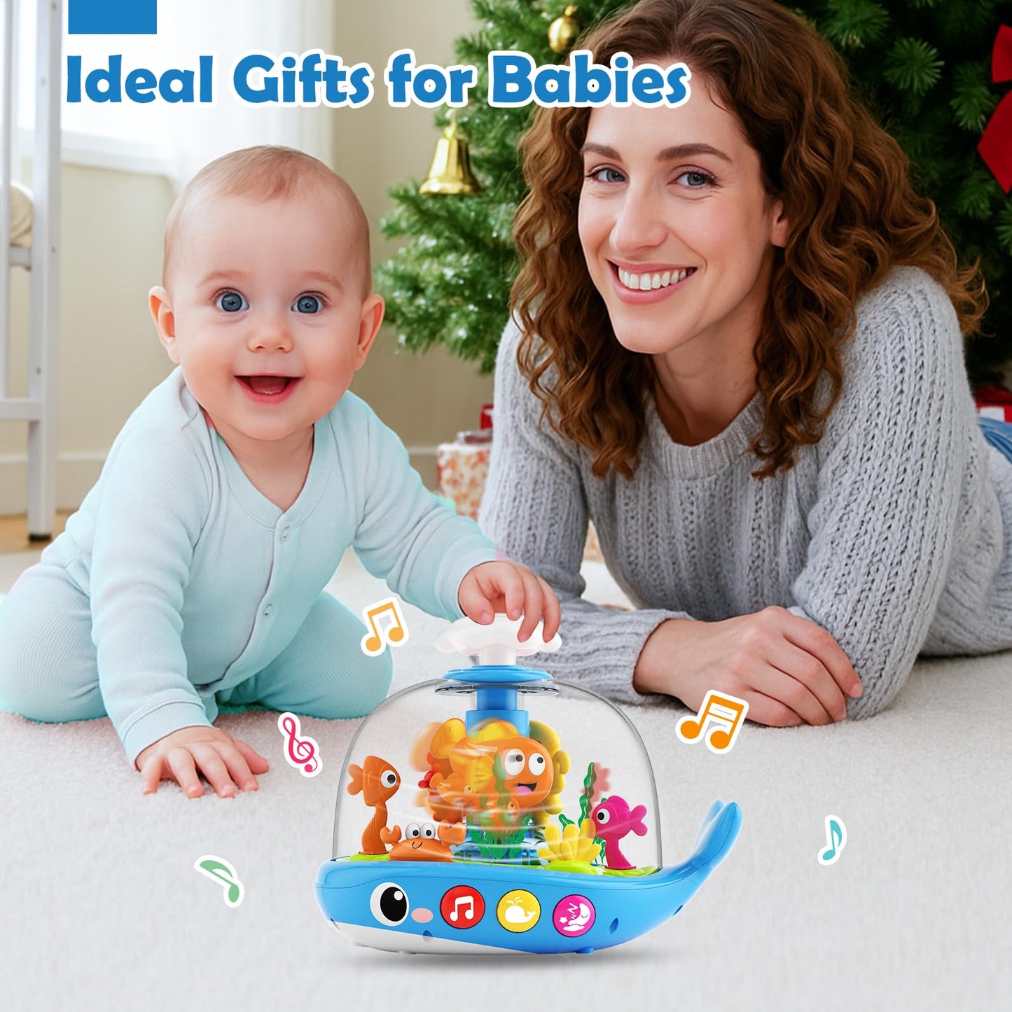 DUPHLAGT Baby Toys 6-12 Months - Toys for 1 Year Old Boy Girl Birthday Gift Press & Spin Aquarium Musical Light Up Infant Toys 12-18 Months - Bilingual Learning Toy for 1 2 Year Old (Blue)