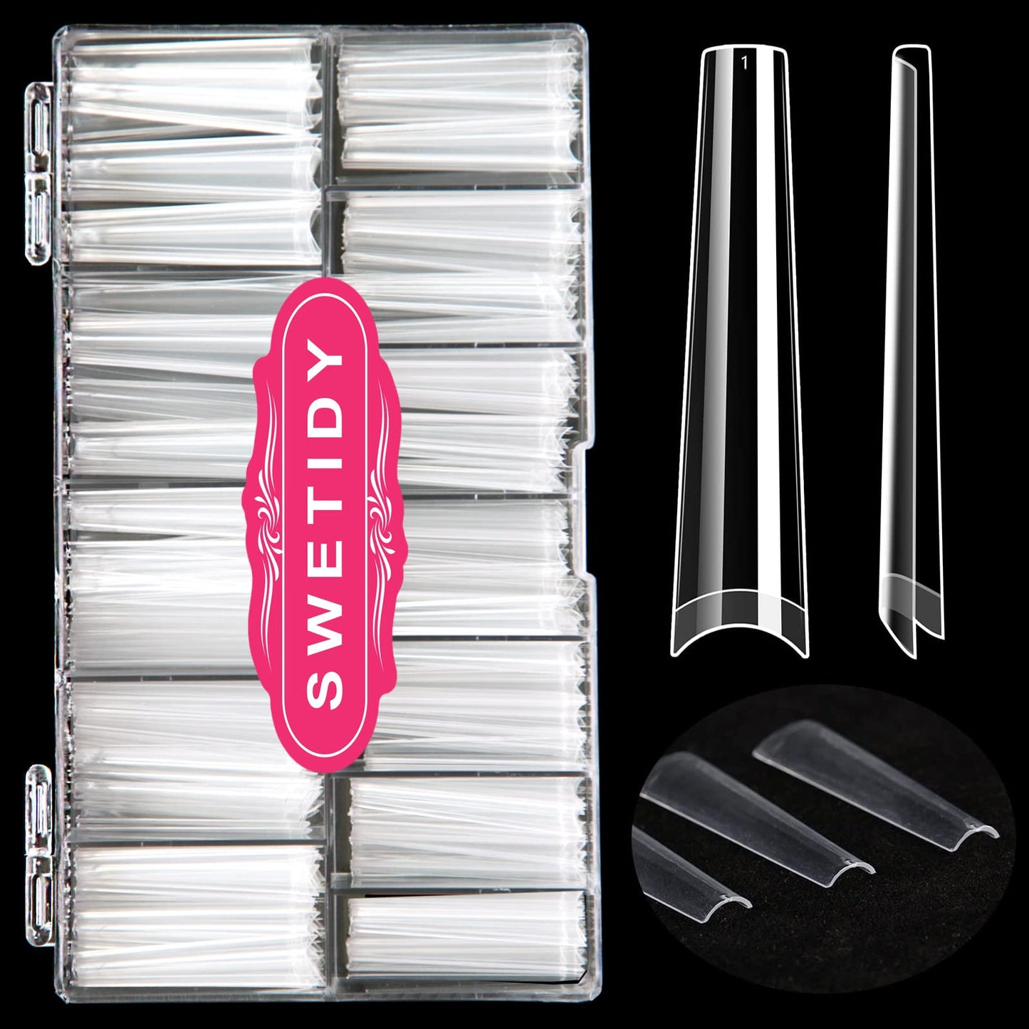 No C Curve 3XL Long Coffin Nail Tips, 420pcs Clear Acrylic Coffin Shape SWETIDY Flattened Half Cover False Nails for Salon&Home DIY French ABS Nail Art Tips,12 Sizes