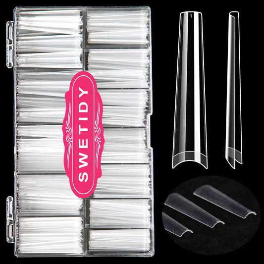 No C Curve 3XL Long Coffin Nail Tips, 420pcs Clear Acrylic Coffin Shape SWETIDY Flattened Half Cover False Nails for Salon&Home DIY French ABS Nail Art Tips,12 Sizes