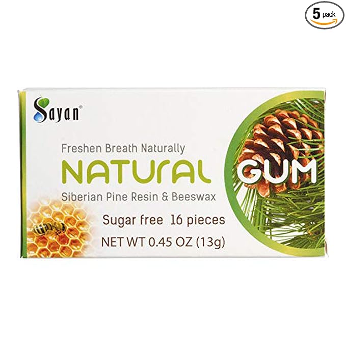 Sayan Sugar Free All Natural Gum, Siberian Pine Tree Resin and Beeswax Chewing Gum for Fresh Breath, Vegetarian, Non-GMO, No Sugar, Gluten Free, Aspartame Free, No Preservatives - 5 Packs (80 Pieces)