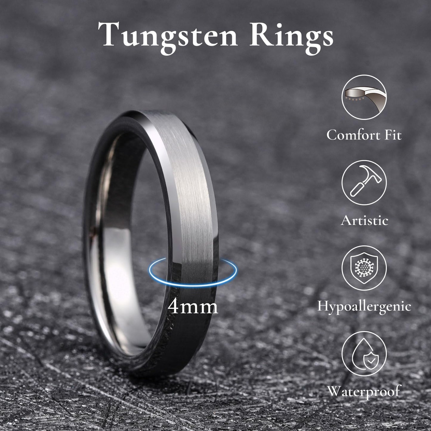 King Will Gunmetal Basic Tungsten Rings For Men 4mm Wedding Band Polished Edge Brushed Matte Promise Ring Comfort Fit, Size 7