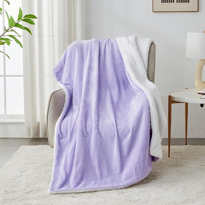SOCHOW Waffle Sherpa Fleece Throw Blanket, Super Soft Fuzzy Warm, Lightweight Fluffy Reversible Plush Blanket for Bed Sofa Couch, 60 x 80 Inches Lilac