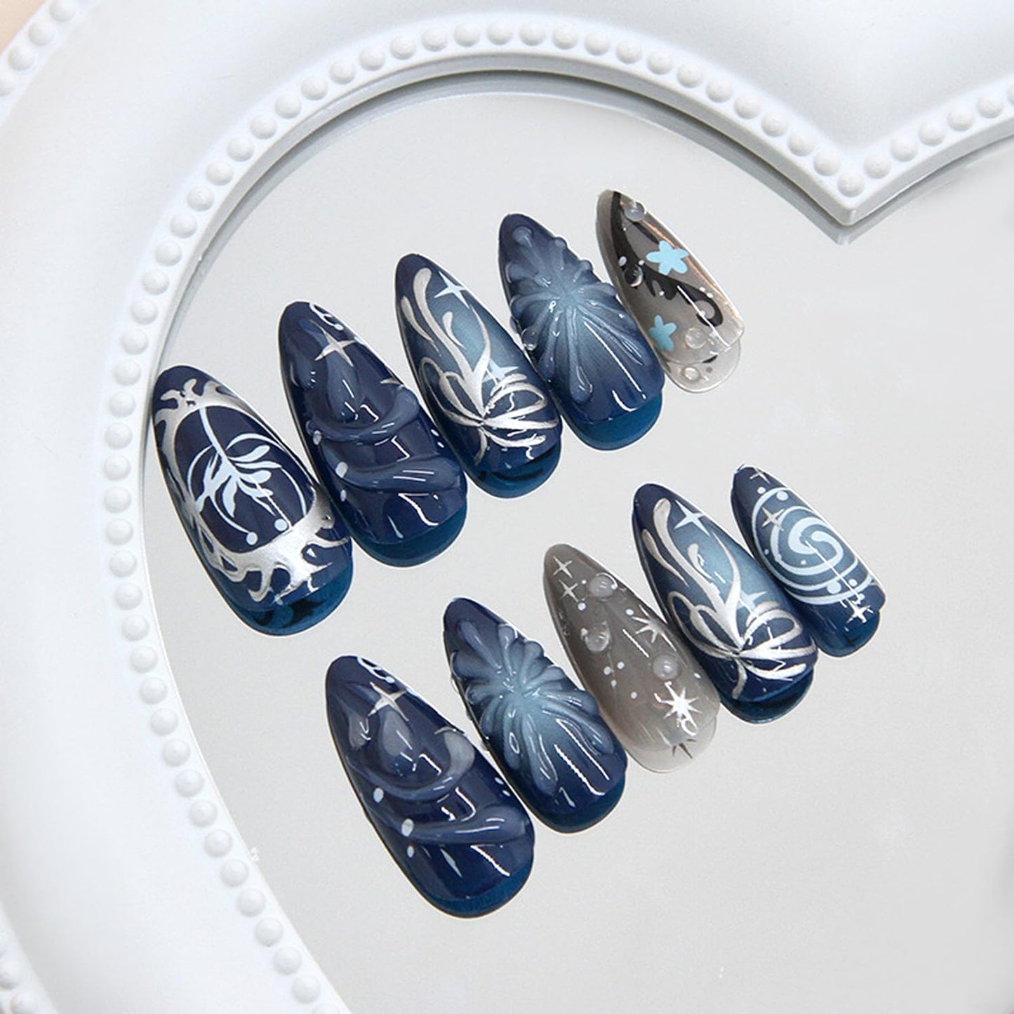24Pcs Dark Press on Nails Almond Fake Nails Gradient Blue 3D Water Ripple Press on Tips Bow Decor Y2k Style False Nails Medium Silver Star Full Cover Artificial Nails Cute Stick on Nail Acrylic