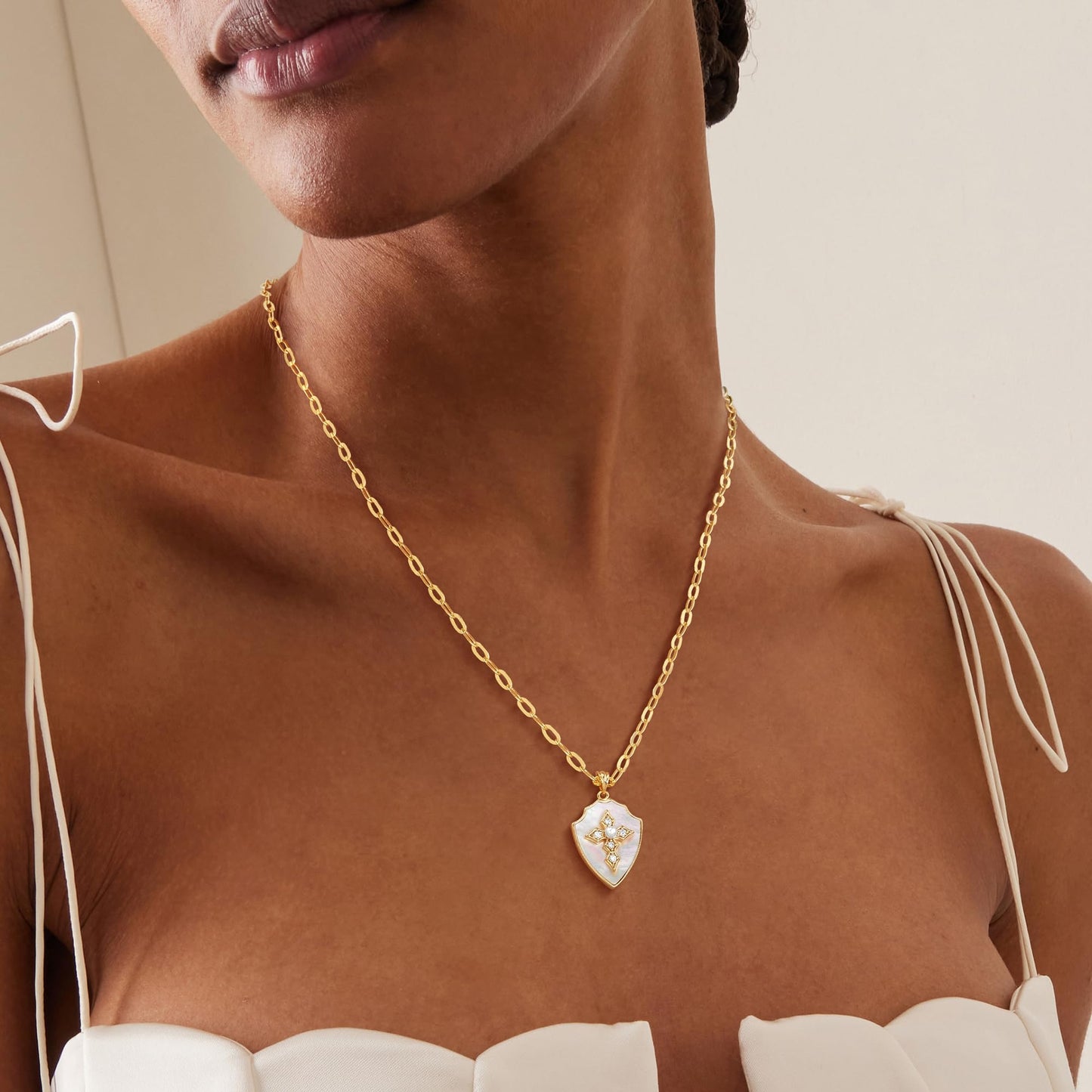 Fettero Dainty Mother of Pearl Necklaces for Women, 14K Gold Plated Necklace Shield Armor of God Pendant Cross Faith Necklace Jewelry for Protection Gift
