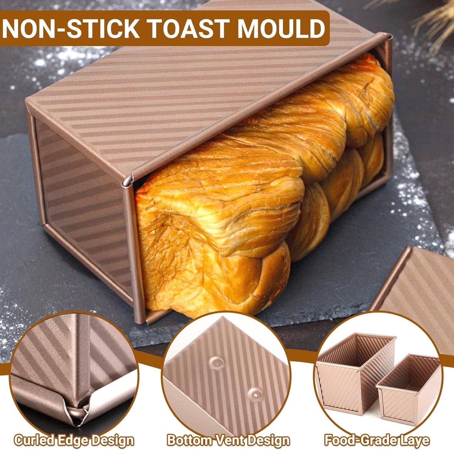 YURTKUMAS 3 Pack Set Pullman Loaf Pan with Lids, 2.2 lb & 1 lb & 0.8 lb Dough Capacity,Non-Stick Sandwich Bread Loaf Pan for Homemade Baking Bread