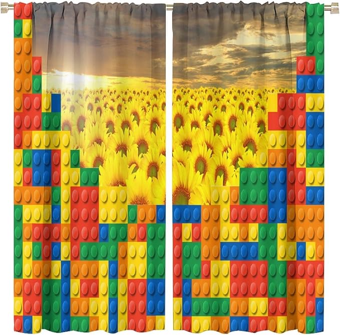 Colorful Building Blocks Sunflower Flower 3D Toy Printed Curtains, Building Blocks, Floral Sunflower Curtains, Interesting Brick 3D Design, Boys and Girls Room Curtain Panels, 2 Panels 52x84in