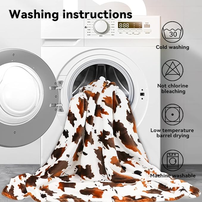 Cow Print Fleece Blanket - Brown White Plush Throw, Lightweight Bed Couch Decor, Cute Cow Gifts for Women, Girls, Teens 50"x60"