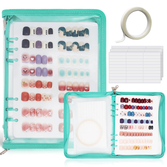 KEIFIN Press On Nail Storage Organizer Binder with 8 Insert Pages - A5 Size Reusable Fake Nail Swatch Collecting Book Polish Color Display Holder Container with Tape and Zipper Pocket (CYAN)