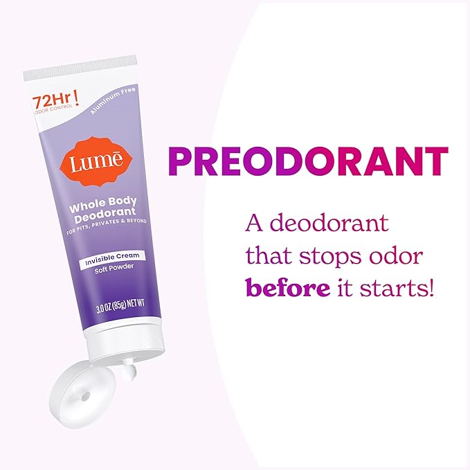 Lume Whole Body Deodorant - Invisible Cream Tube - 72 Hour Odor Control - Aluminum Free, Baking Soda Free, Skin Safe - 3.0 ounce (Soft Powder)