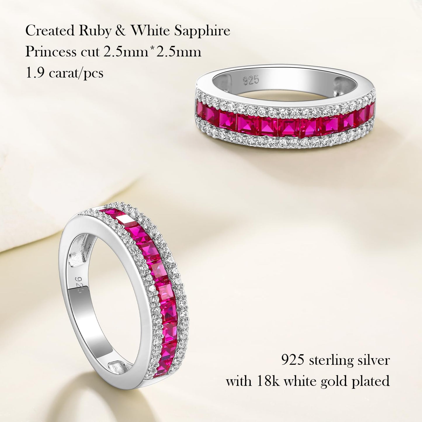 RANDES Ruby Rings Half Eternity Band 925 Sterling Silver Channel Set Wedding Bands Red Stone Anniversary Ring 6mm Thick Band Rings for Women Size 10