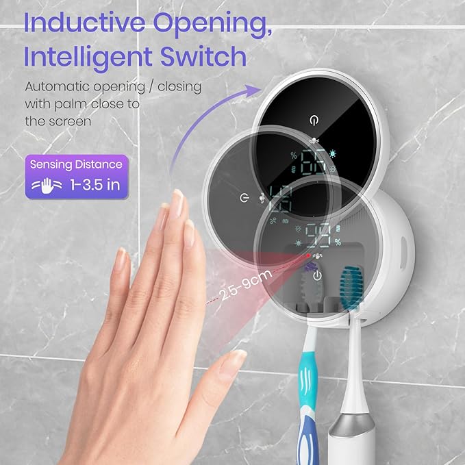 Wall Mounted Toothbrush Holder & Toothbrush Cleaner,Electric Toothbrush Holder, Razor Holder and Cleaner for Bathroom Accessory, with Auto Inductive Open/Close Cover, Clean, Dry for Home, Travel