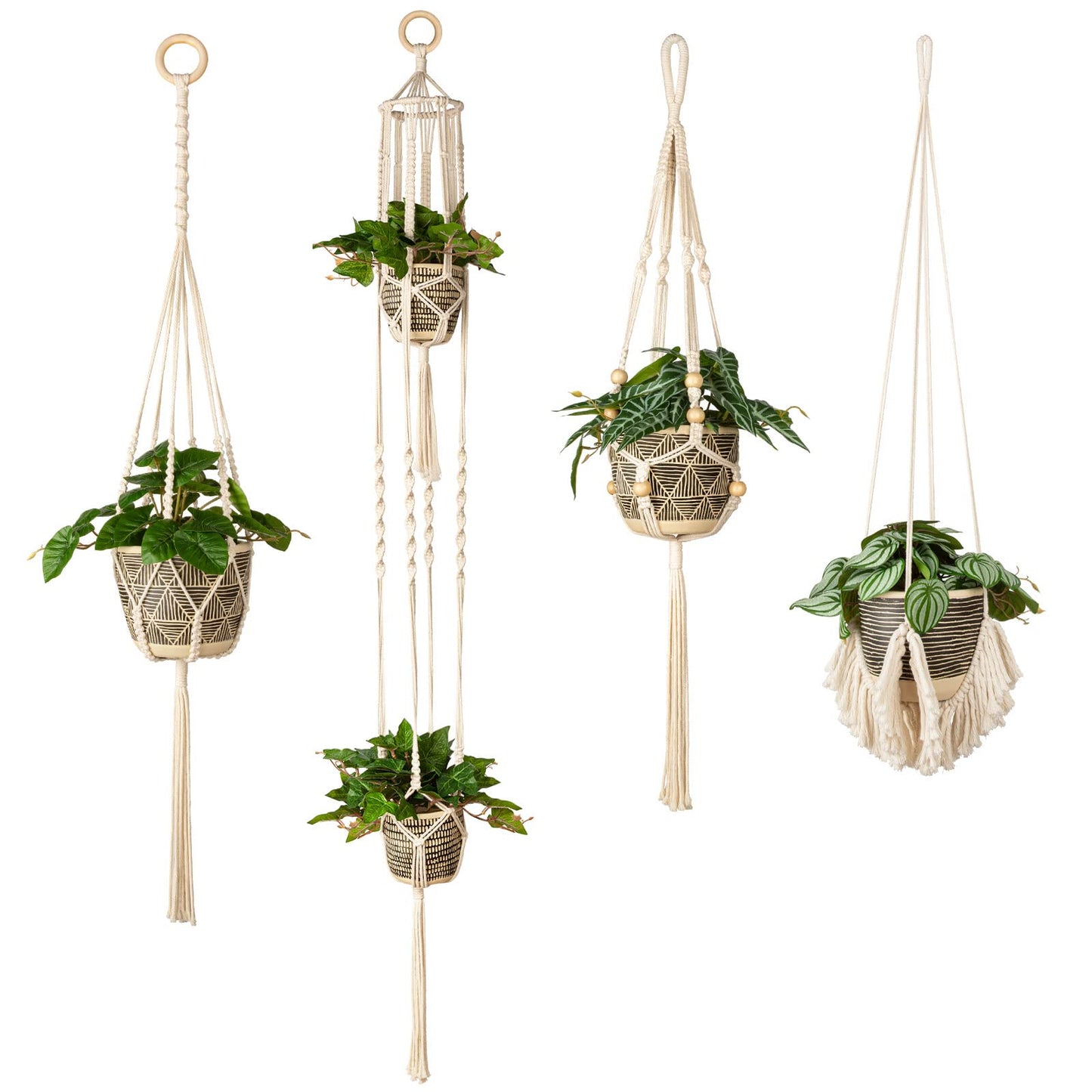 ANROYE Macrame Plant Hanger for Indoor Set of 4, Bohemian Hanging Planter with Tassels for Flower Pot, Boho Decorative Houseplant Rope Holder for Home Decor Bedroom Window Farmhouse