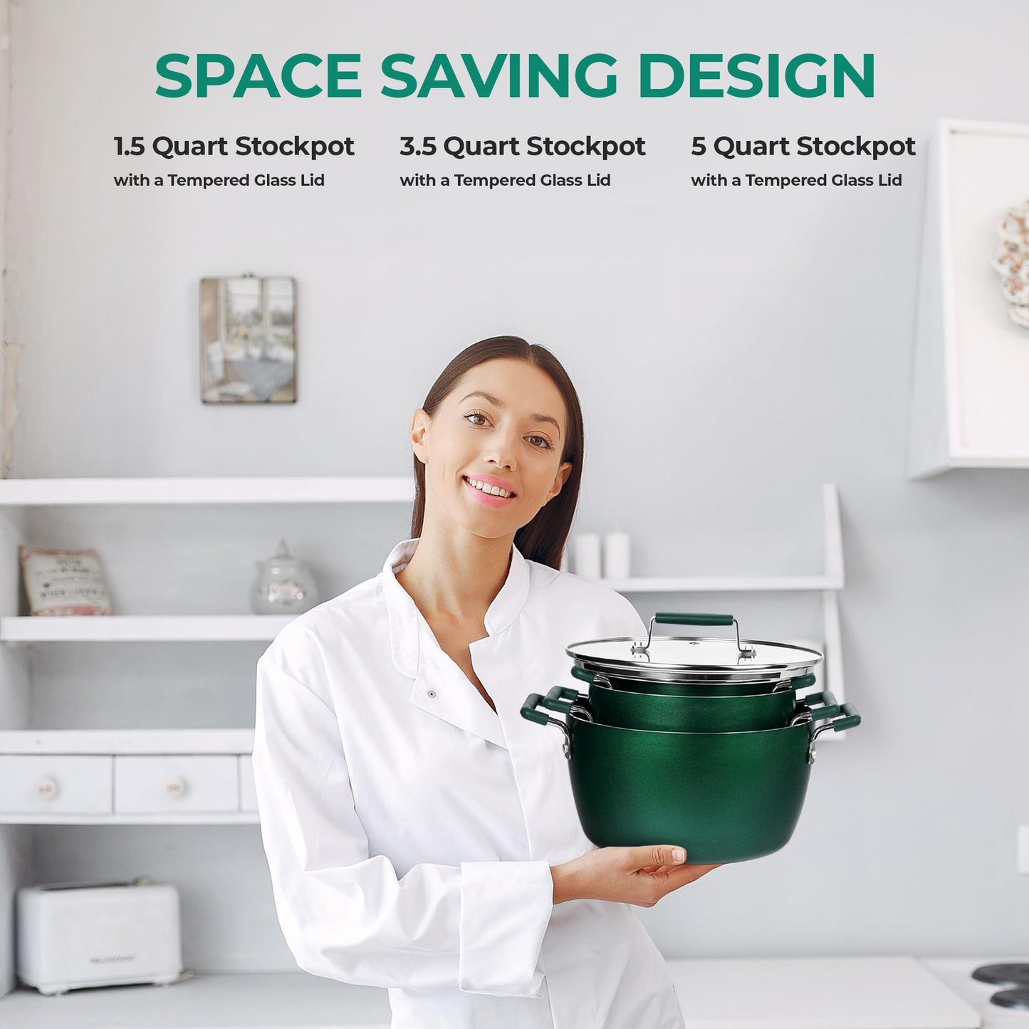 Granitestone Green Pots and Pans Set Nonstick, 6 Stackable Piece Cooking Pots Set, Kitchen Pots, Non Stick Coating, 5qt 3qt & 1.5qt Pots with Lids, Stay Cool Handles Dishwasher Safe 100% Toxin Free