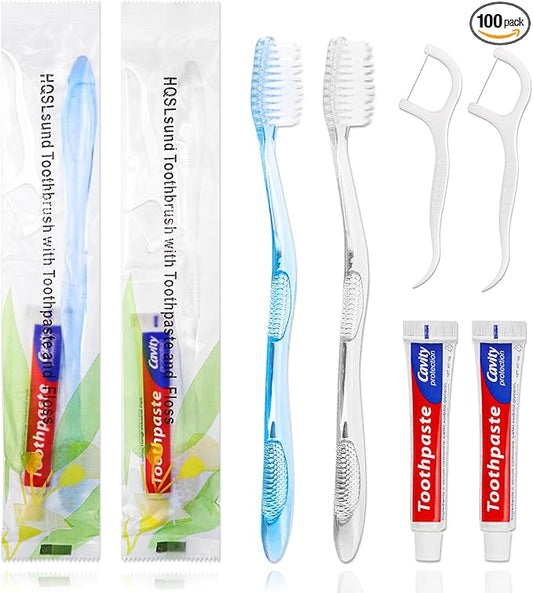 100 pcs Disposable Toothbrushes with Toothpaste Floss Individually Wrapped, 2 Color Toothbrush, 10g Toothpaste, Floss Pick, Bulk Toothbrush for Homeless,Airbnb,Hotel,Guest