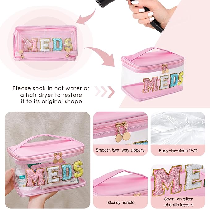 Large Waterproof Chenille Letter Medicine Clear Makeup Bag, Transparent PVC Nylon Preppy Patch Cosmetic Bag with Handle, Portable Meds First Aid Travel Organizer Cosmetic Bag (07MEDS- Black)