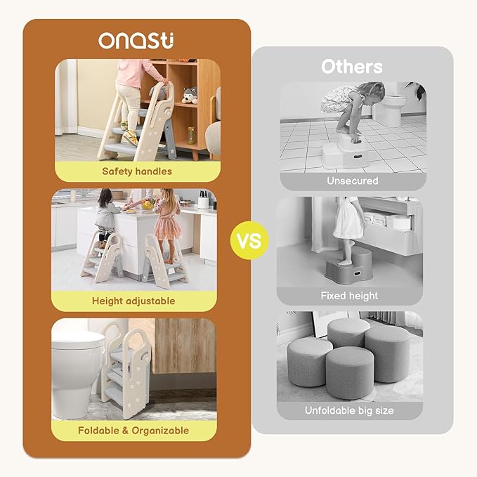 Onasti Foldable Step Stool for Bathroom Sink, Adjustable 3 Step Stool for Kids Toilet Potty Training Stool with Handles, Child Kitchen Counter Stool Helper, Plastic Ladder for Toddlers Grey