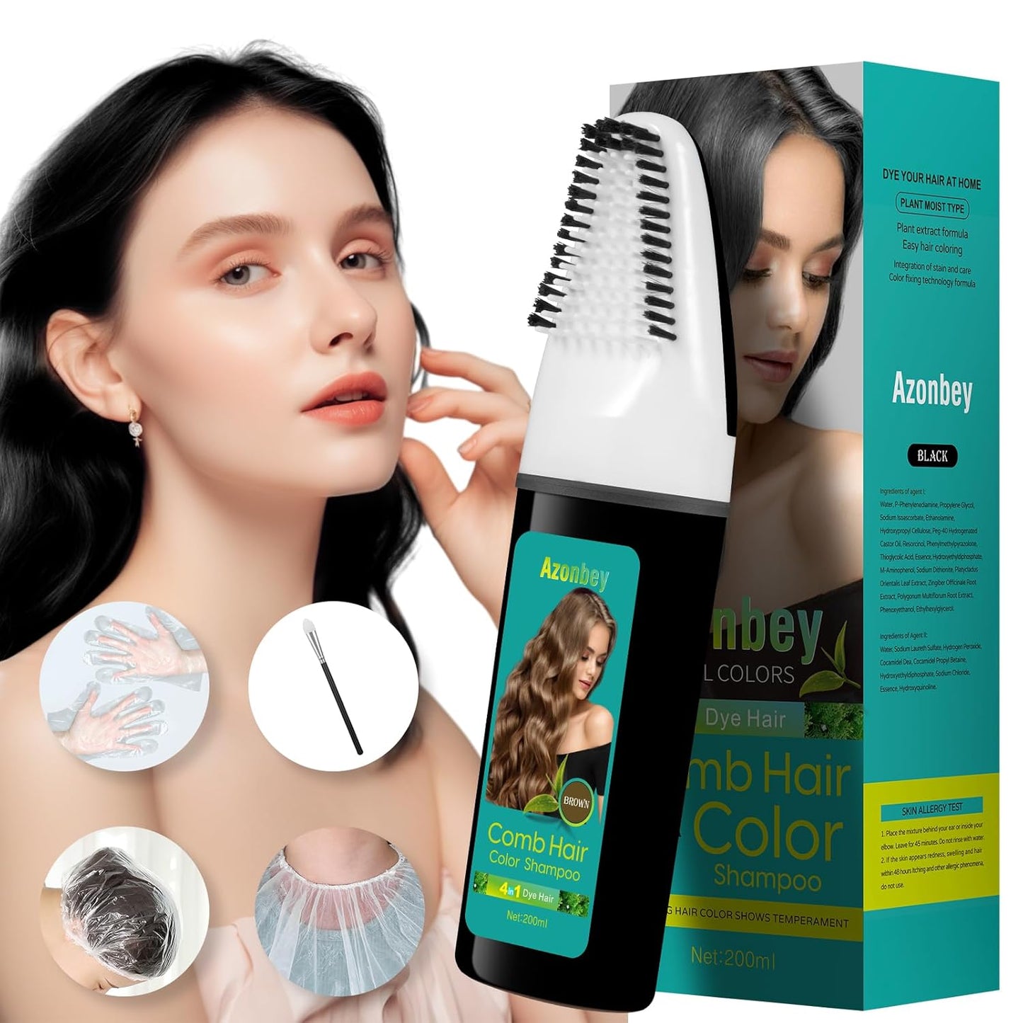 Easy Black Hair Dye,Natural Hair Dye Shampoo for Women,Semi Permanent Hair Color Cover Gray White Hair,Champu Para Canas Hair Dye 4 in 1 With Comb Herbal Plant Hair Color Shampoo(Black)