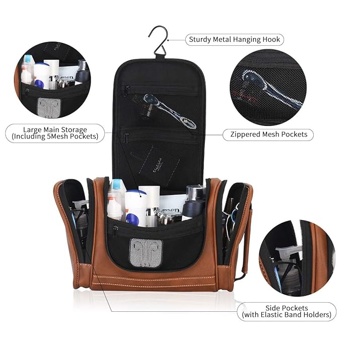 MIRASON Travel Toiletry Bag, Hanging Toiletry Bag for Men, Leather Travel Shower Bag for Toiletries Dopp Kit Bathroom Bag with Metal Hook, Gift for Men (Brown)