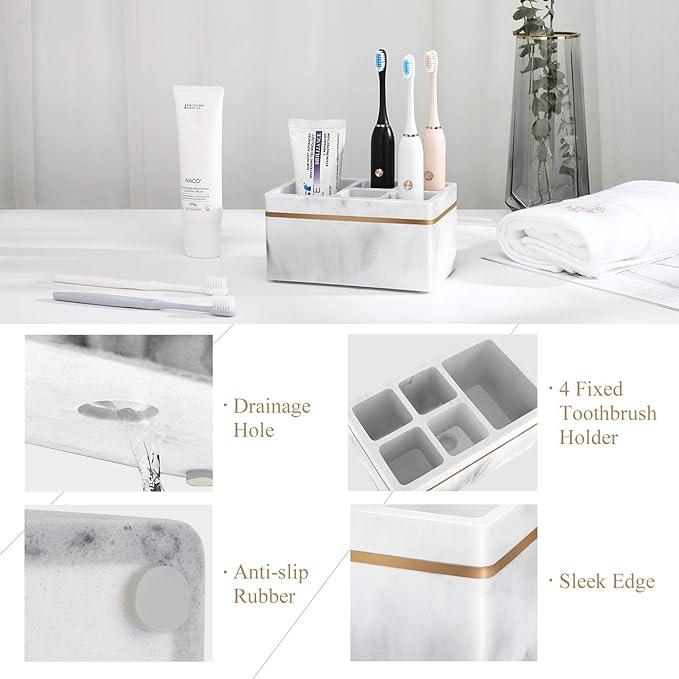 Shinowa Resin Toothbrush Holder, 5 Slots Hygienic Electric Toothbrush Holder Storage Stand Organizer for Toothbrush, Toothpaste, Razor, Gravel White